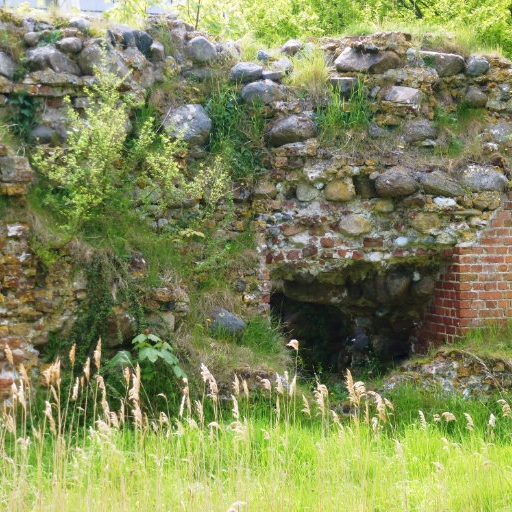 Ein Foto von einem Teil der Burgruine Glambek mit einem Eingang hinter die Ziegelsteinwand.