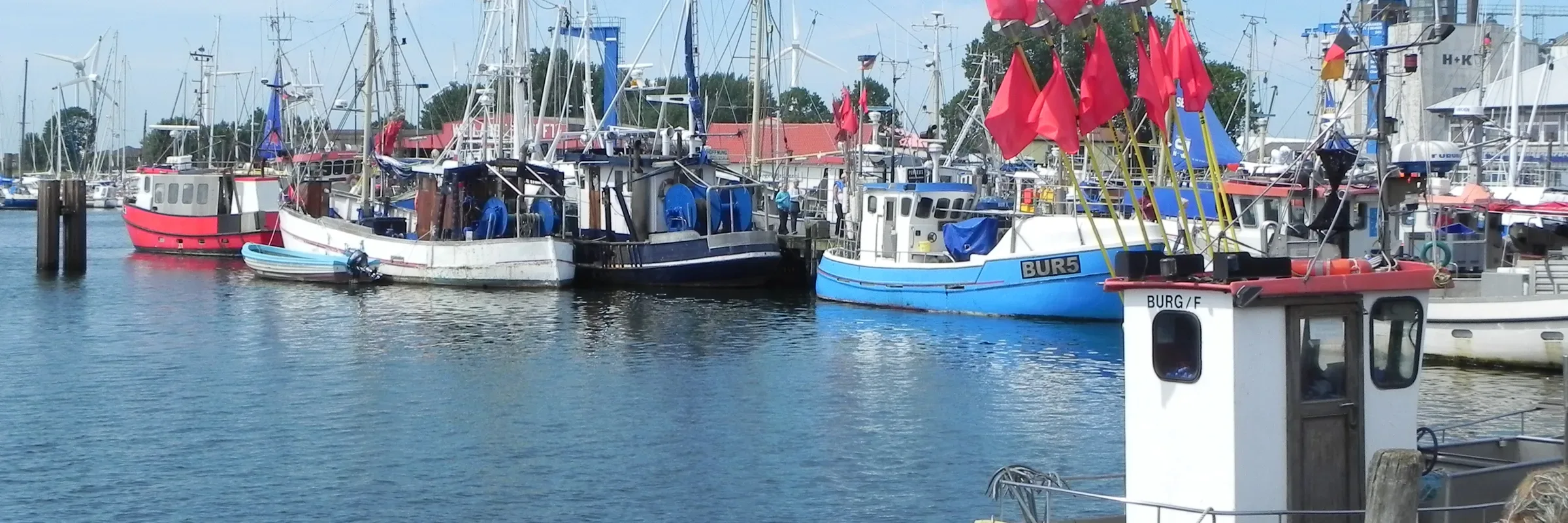 Fischkutter mit roten Bojenfahnen im Fischereihafen Burgstaaken auf Fehmarn