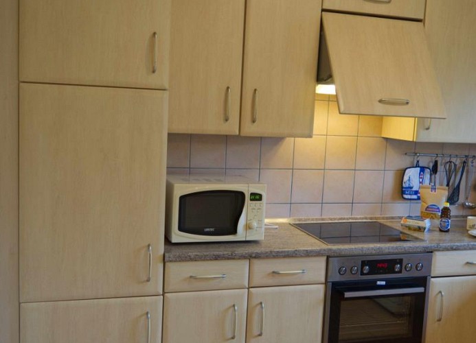 Küche mit Mikrowelle in der Ferienwohnung in Burgstaaken auf Fehmarn