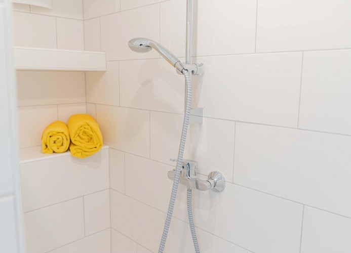 Dusche mit Ablage in der Ferienwohnung in Burg auf Fehmarn