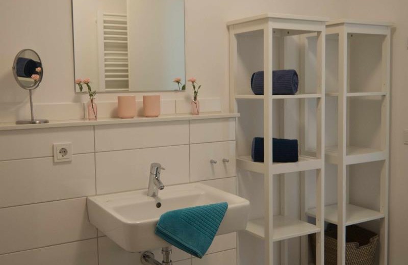 Bad mit Waschbecken und Regalen in der Ferienwohnung in Burg