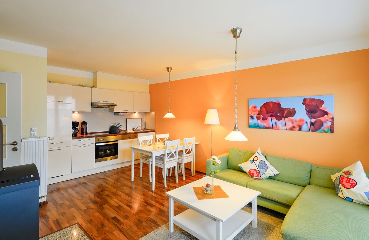 Wohnzimmer mit Küche in der Ferienwohnung mit Hund für 5 Personen in Burg auf Fehmarn