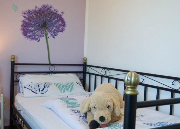 Einzelbett im Ferienhaus mit Hund auf Fehmarn in Landkirchen
