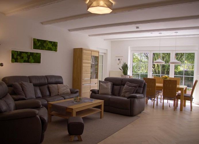 Couch und Essbereich  im Wohnzimmer der Ferienwohnung Inselblume 68 in Burgstaaken