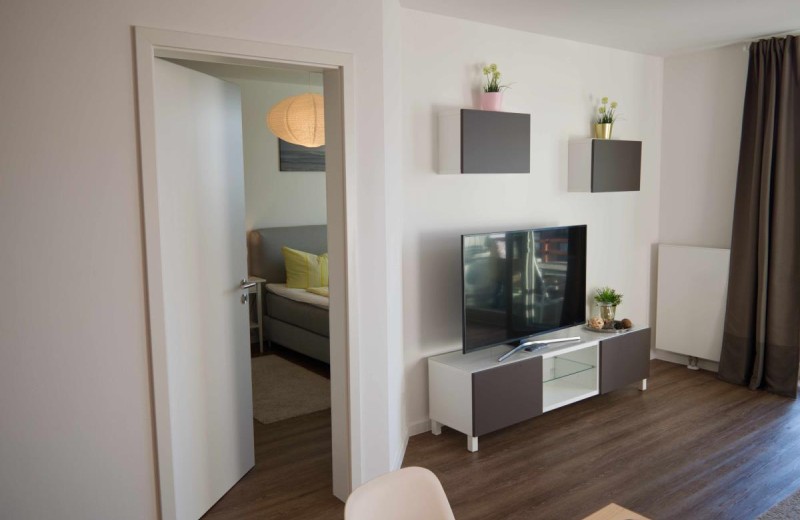 TV und Eingang zum Schlafzimmer in der Ferienwohnung auf Fehmarn