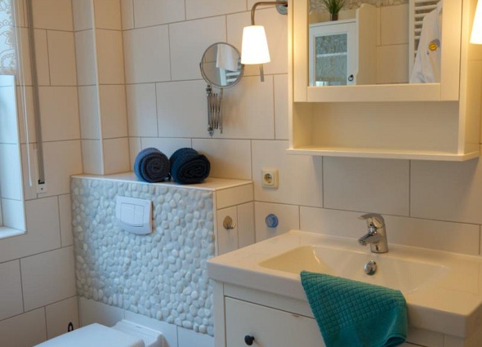 Bad mit WC und Waschbecken in der Ferienwohnung mit Hund auf Fehmarn