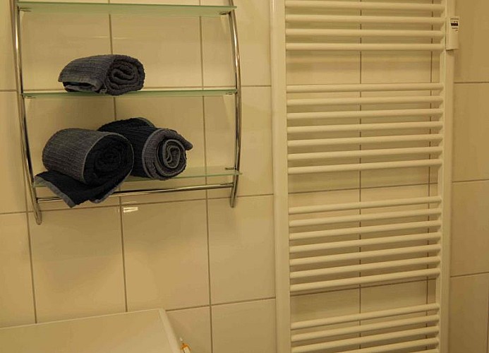 Handtuchheizung neben der Waschmaschine im Bad der Ferienwohnung auf Fehmarn