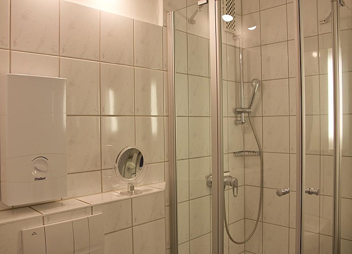 Dusche in der Ferienwohnung mit Balkon und Meerblick in Burgtiefe