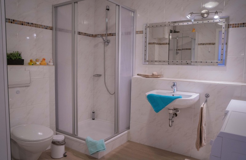 Badezimmer mit Dusche, WC, Waschmaschine und Trockner in der Ferienwohnung