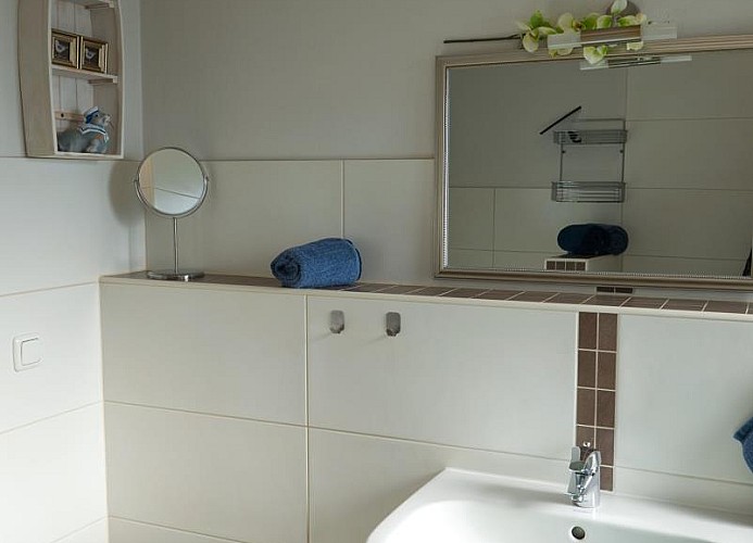 Badezimmerablage in dem Ferienhaus mit Hund auf Fehmarn