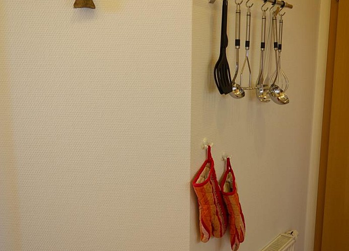 Küchenutensilien an der Wand der Küche in der Ferienwohnung Inselblume 03 auf Fehmarn