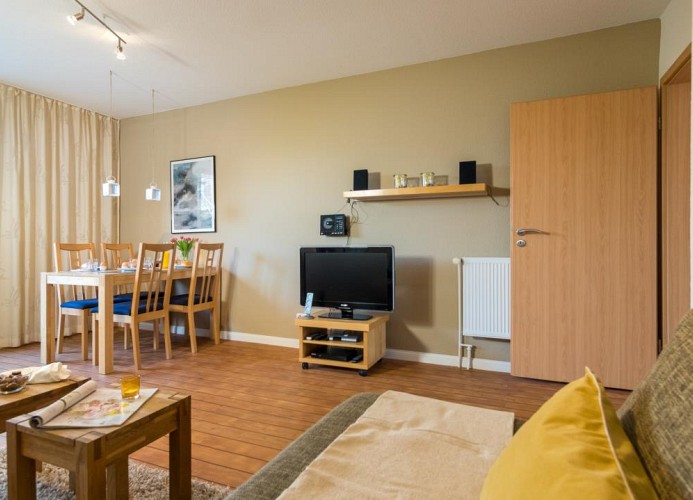 Wohnzimmer mit TV in der Fewo in Burg auf Fehmarn