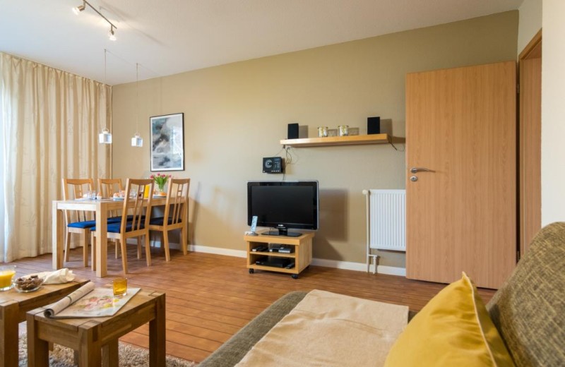 Wohnzimmer mit TV in der Fewo in Burg auf Fehmarn