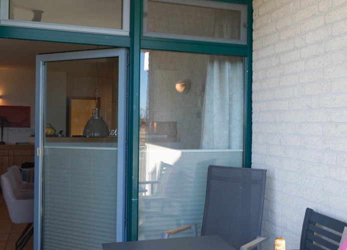 Blick vom Balkon in die Ferienwohnung mit Hund in Burgtiefe auf Fehmarn