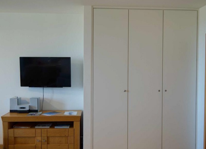 Schrank und TV im Wohnzimmer der Ferienwohnung auf der Insel Fehmarn