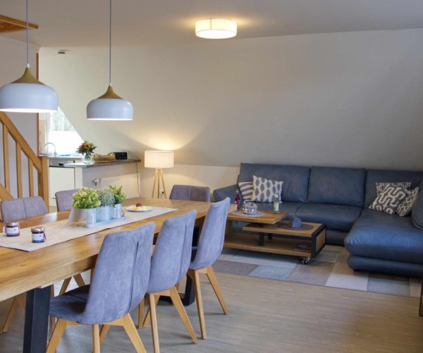 Wohnzimmer mit großem Esstisch in der Ferienwohnung für 7 Personen in Burg auf Fehmarn