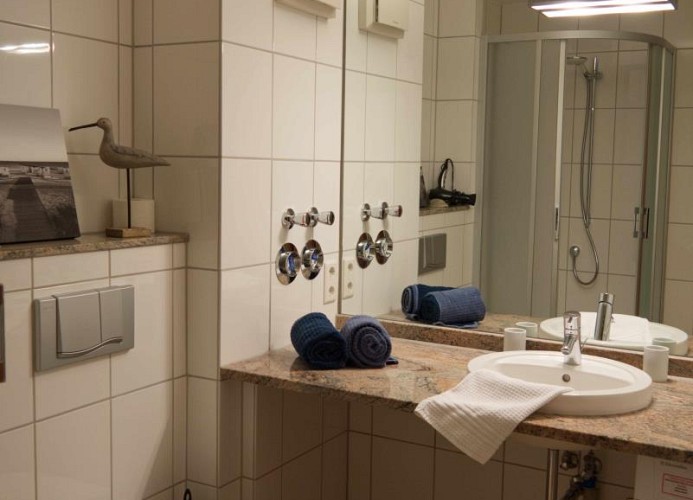 Badezimmer mit großen Spiegel in der Fewo mit Hund für 4 Personen